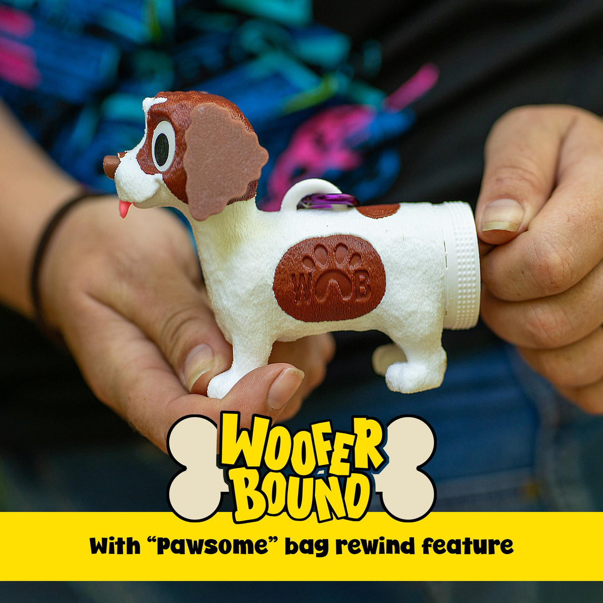 Brown and White Spaniel Waste Bag Dispenser with Rewind Feature, Dog Walking Accessory.