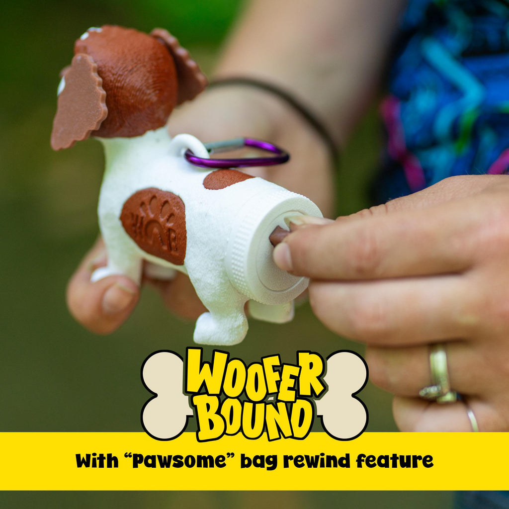 Brown and White Spaniel Waste Bag Dispenser with Rewind Feature, Dog Walking Accessory.