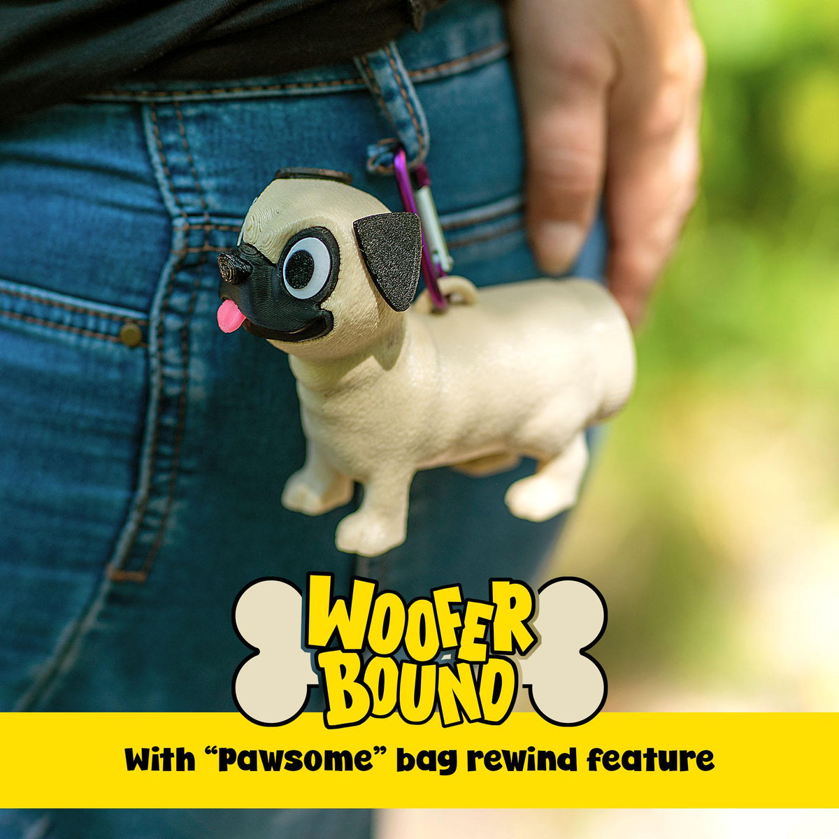 Pug Waste Bag Dispenser with Rewind Feature, Pet Walking Accessory, Pug gift.
