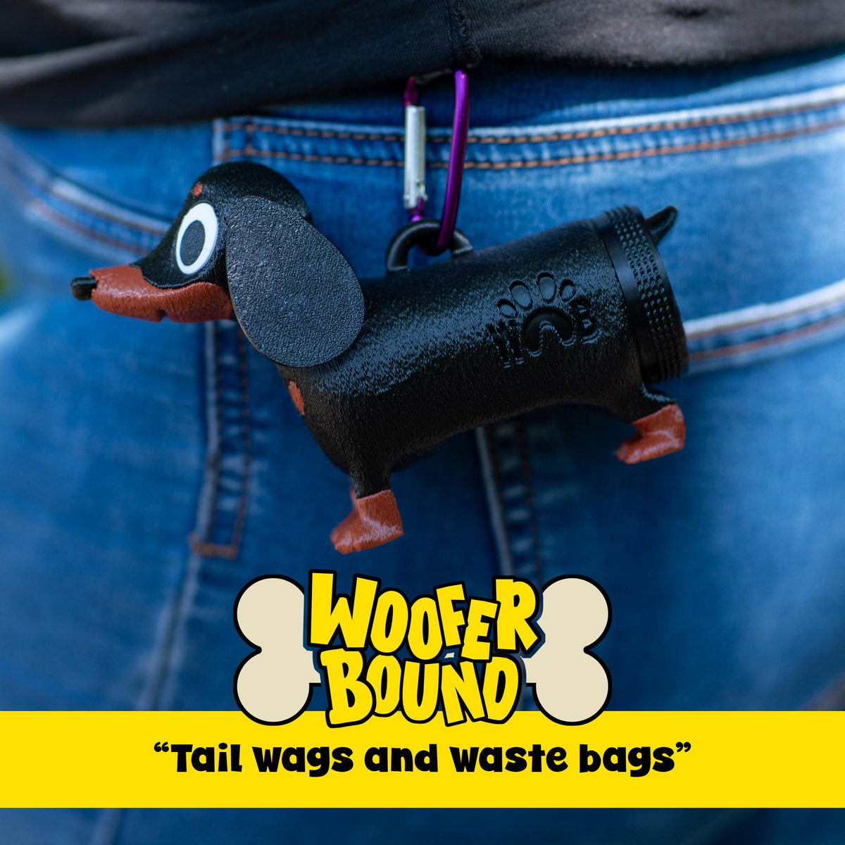 Black and Brown Dachshund Waste Bag Dispenser with rewind feature, fun gift for pet owner