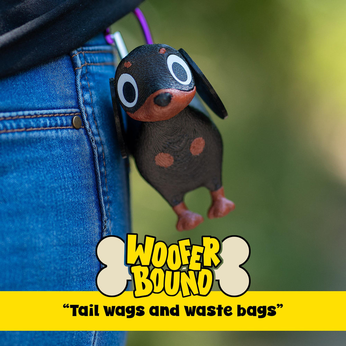 Black and Brown Dachshund Waste Bag Dispenser with rewind feature, fun gift for pet owner