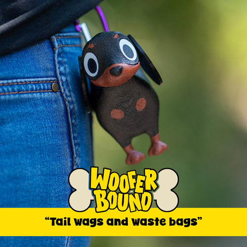 Black and Brown Dachshund Waste Bag Dispenser with rewind feature, fun gift for pet owner